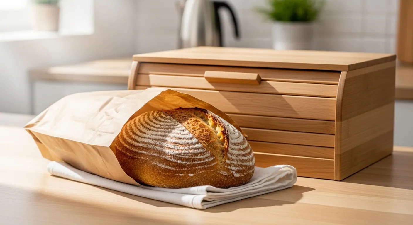 Freshly baked bread in a paper bag and bread box on a kitchen counter