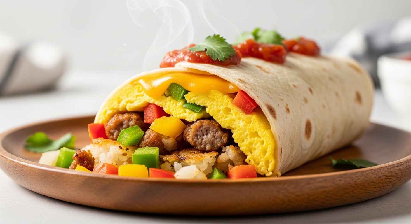 Close-up of sliced breakfast burrito with eggs and veggies.