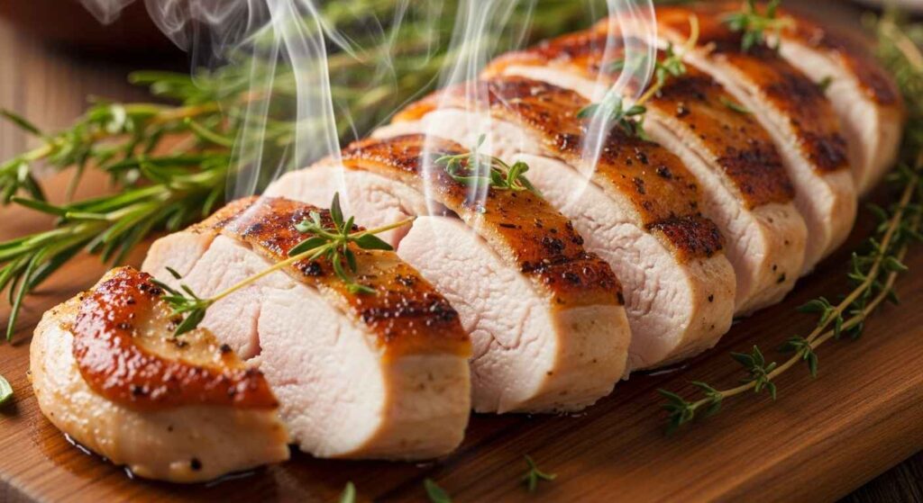 Cooked chicken breast showing moist interior.