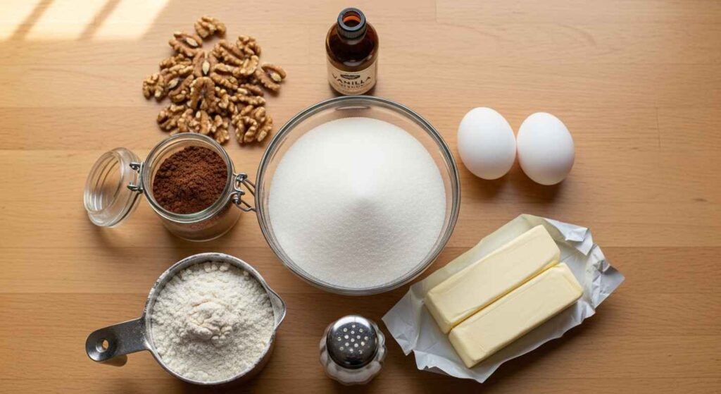 Ingredients for easy brownie recipe from scratch.