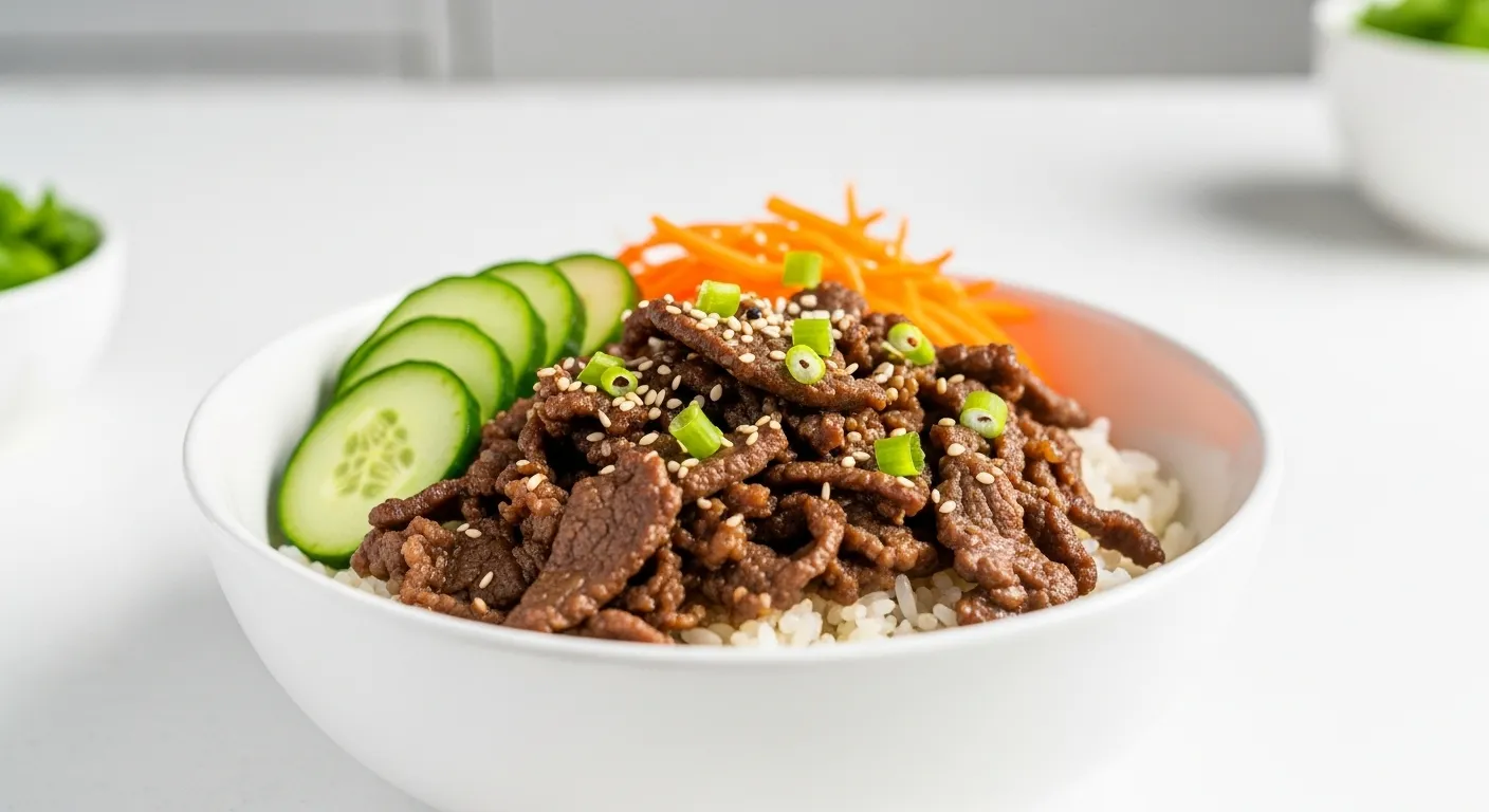 Korean Beef Bulgogi Bowl thumbnail with beef, rice, and vegetables.