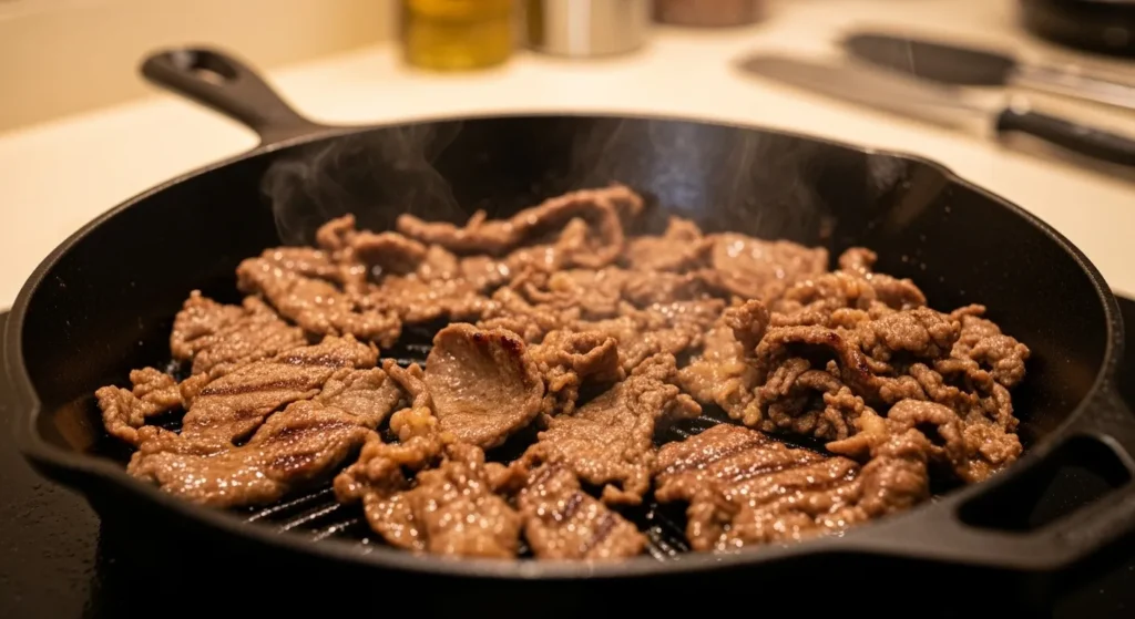 Thinly sliced beef bulgogi caramelizing in a skillet.