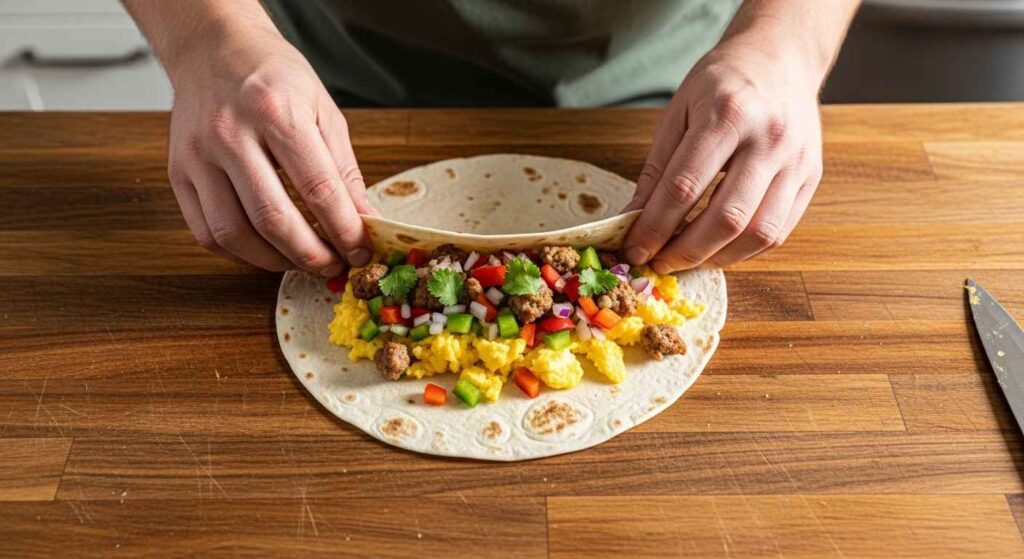Person rolling a breakfast burrito on a counter.