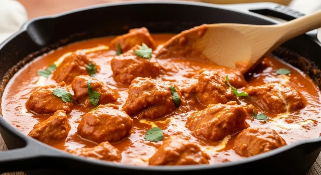 Butter chicken cooking in a skillet with creamy tomato sauce