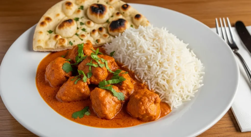 Plate of butter chicken served with basmati rice and naan