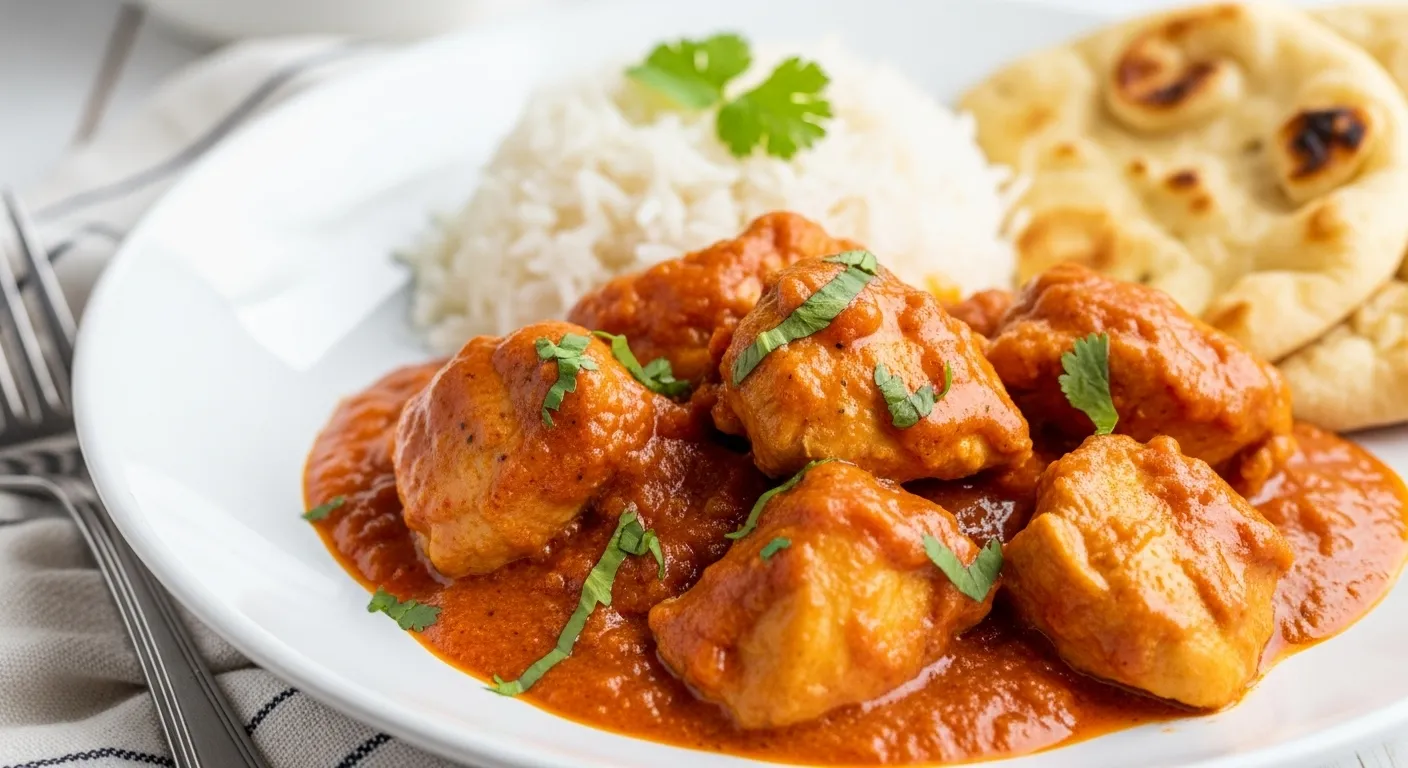 Creamy butter chicken on a plate with naan and rice