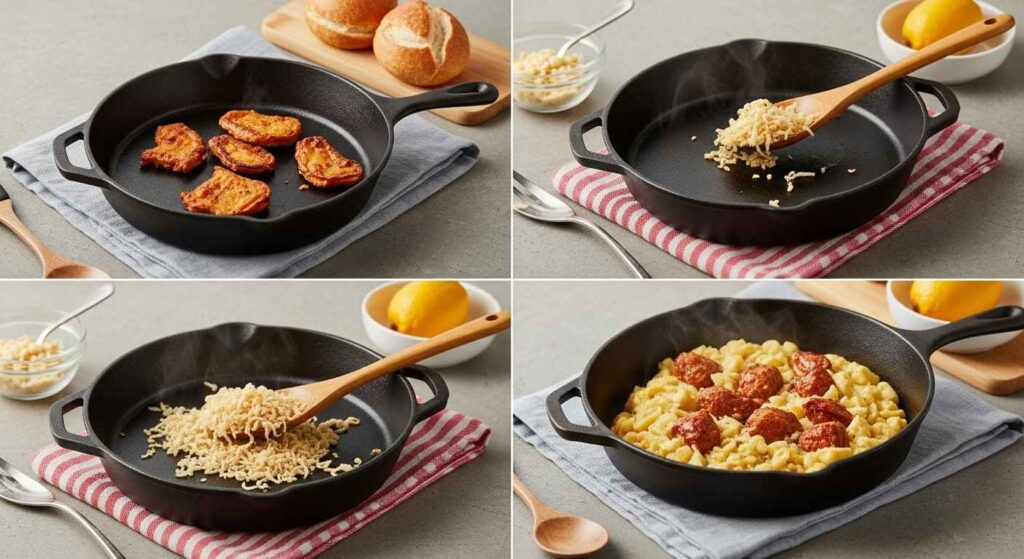 Cooking process of Cajun cream sauce showing progression from garlic to finished creamy sauce