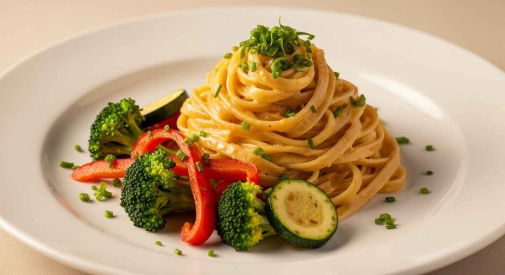 Finished dinner plate with pasta in Cajun cream sauce, vegetables, and garnish