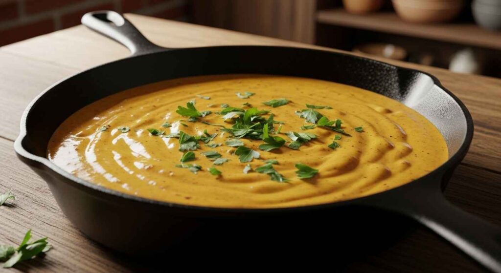 Rich golden Cajun cream sauce in black cast iron pan with fresh herbs