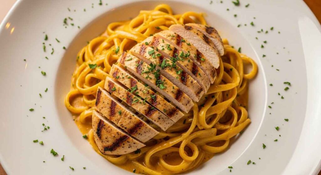 Plate of fettuccine pasta with Cajun cream sauce, grilled chicken, and fresh herbs