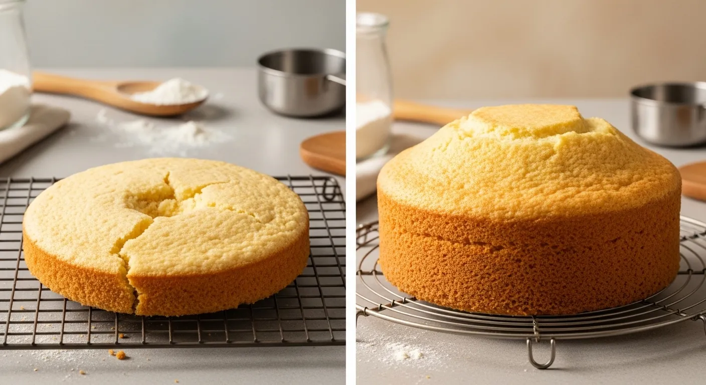 Split image of flat failed cake and risen perfect cake for baking guide