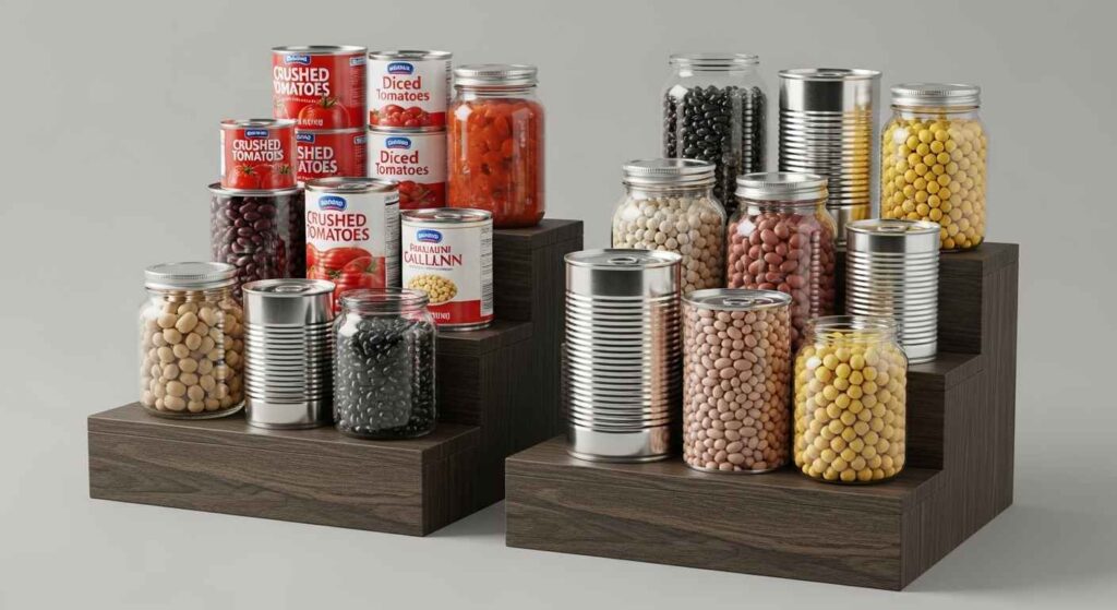 Pantry shelf with risers holding canned goods.