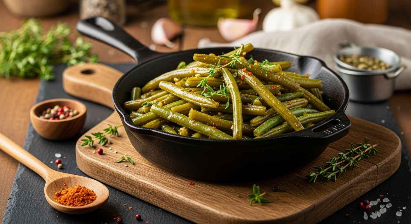 Cast iron skillet with restaurant-quality seasoned canned green beans, golden caramelized edges, fresh herbs, professional food photography