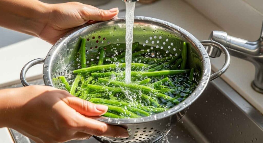 Hands draining canned green beans in a colander under running water
