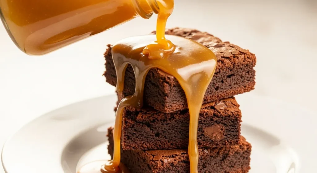 Golden caramel sauce being poured over a stack of fudgy brownies.