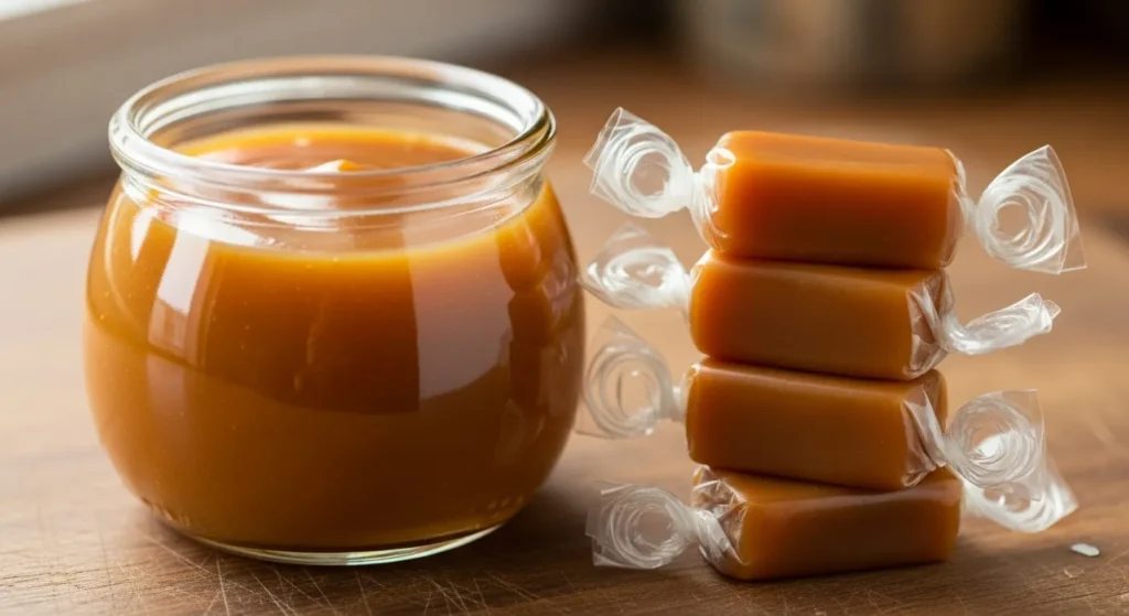 A side-by-side view of golden caramel sauce in a jar and wrapped caramel candies.