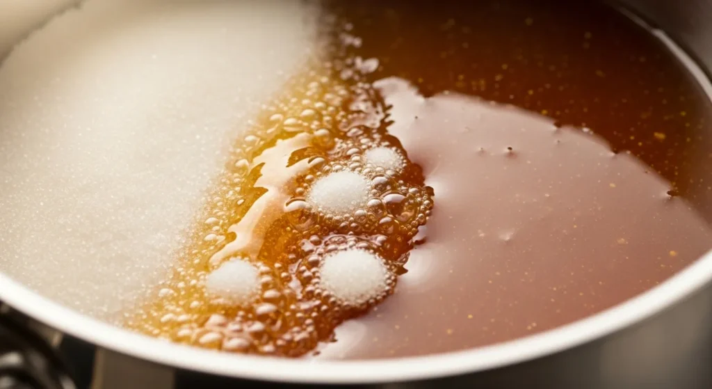 Close-up of sugar melting and browning in a saucepan during caramelization.