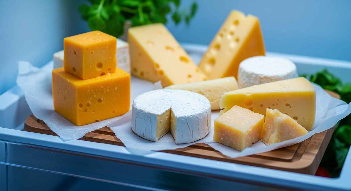 Fresh cheeses wrapped and stored in refrigerator drawer.