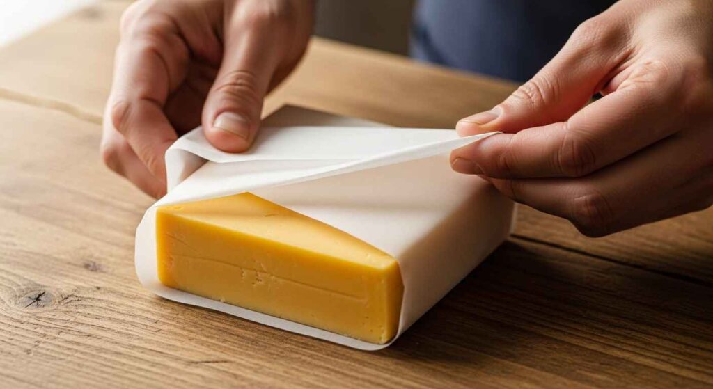 Hands wrapping a cheese block in parchment paper.
