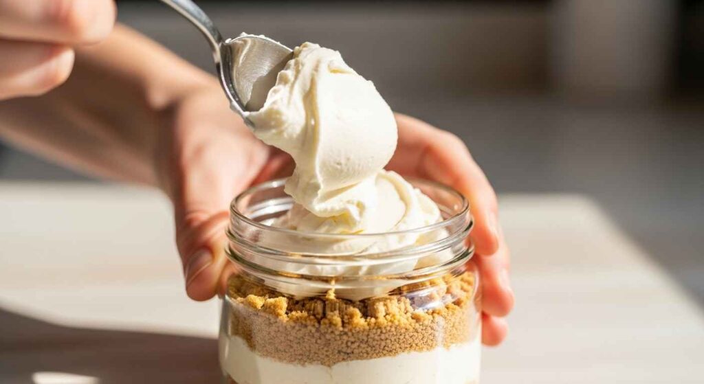 Hands spooning white filling over brown crust in a glass jar.