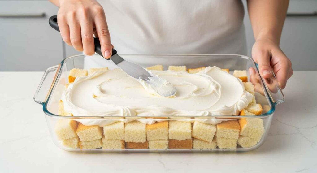 Hands layering angel food cake and cream cheese mixture in a glass dish.