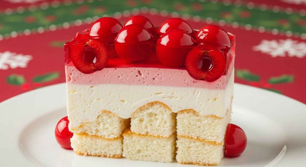 Layered Cherries in the Snow dessert with angel food cake and cherry pie topping.