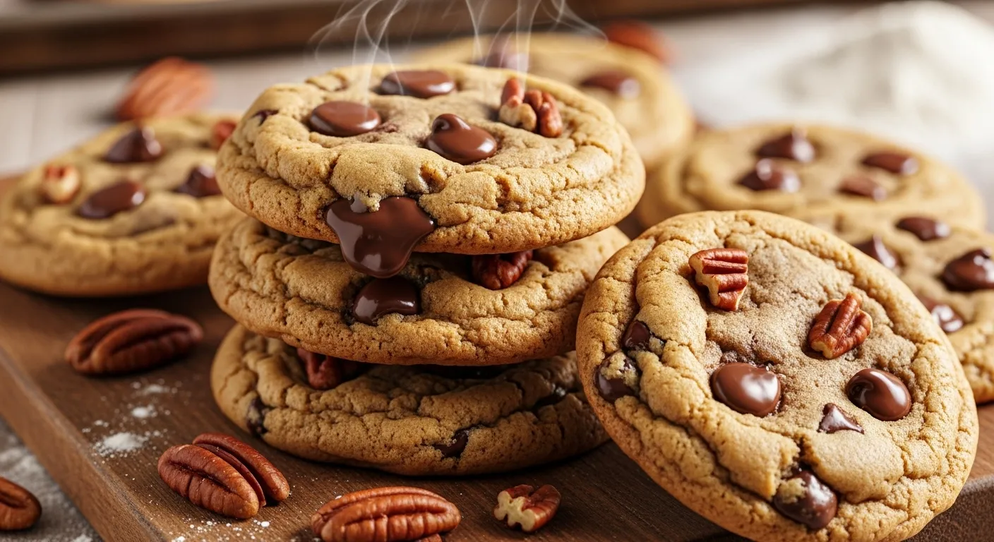 Freshly baked chewy chocolate chip pecan cookies with melted chips.