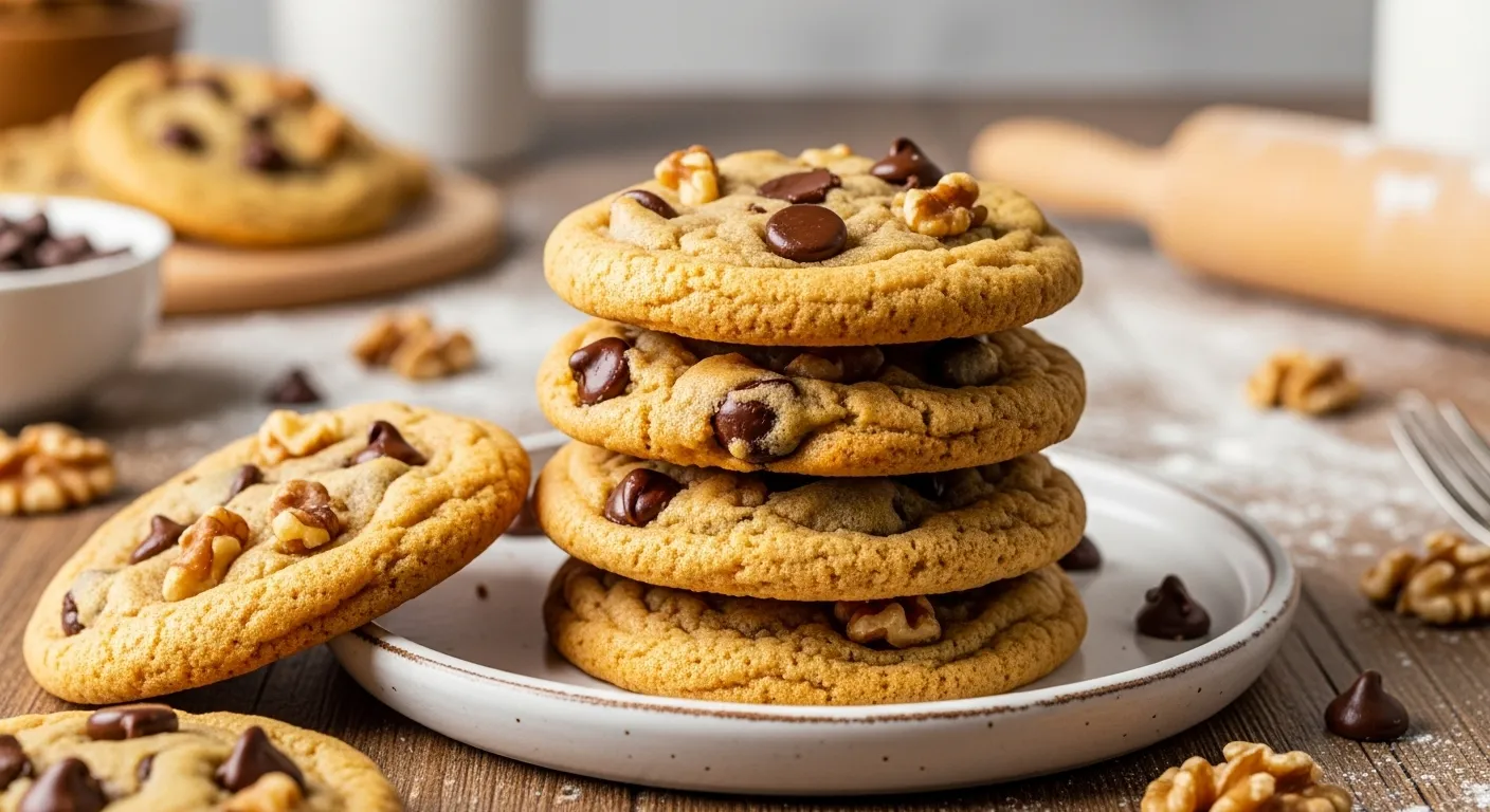 Stack of chewy chocolate chip walnut cookies on a plate.