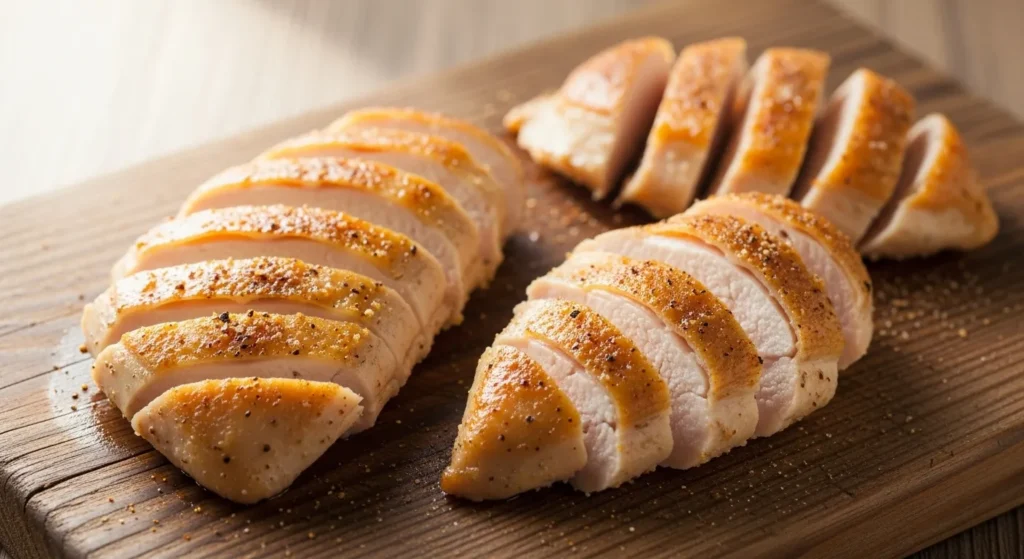 Golden air fryer chicken breasts sliced on a plate.