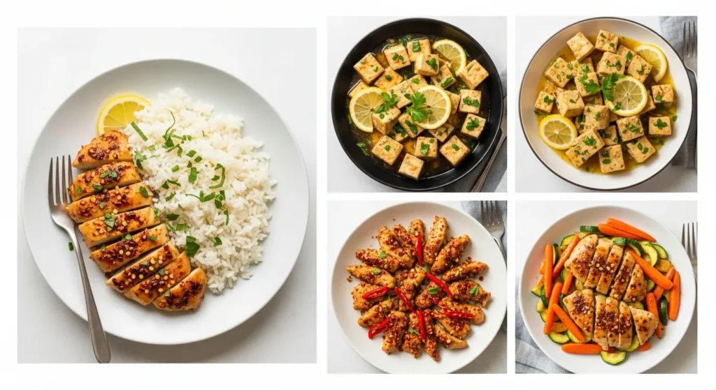 Chicken with rice, tofu, and mixed veggies.