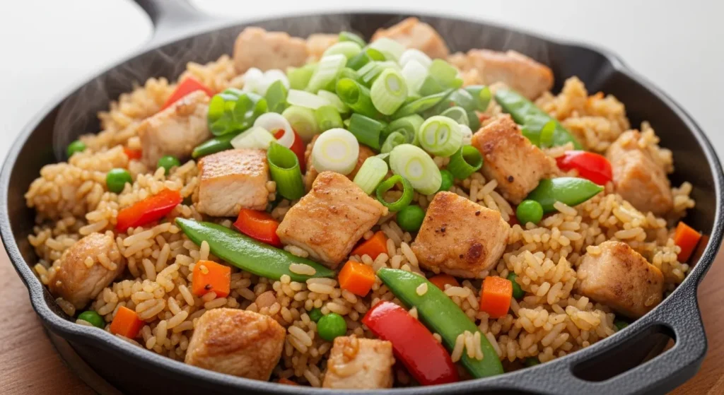 Colorful chicken fried rice with vegetables and green onions in a skillet.