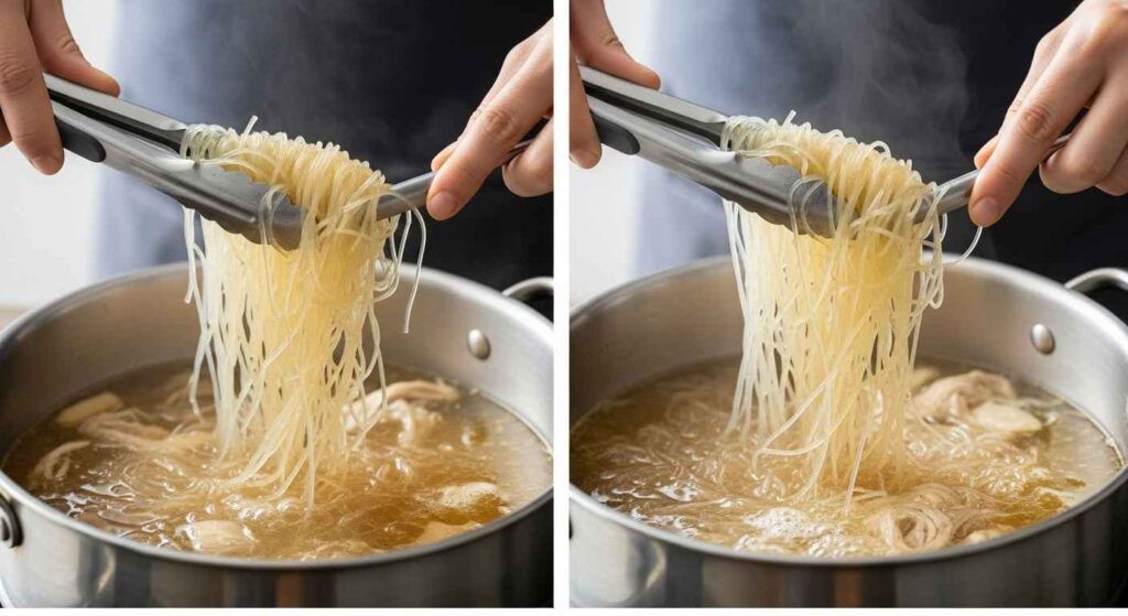 Four-panel collage showing chicken cooking, noodle soaking, shredding chicken, and final assembly