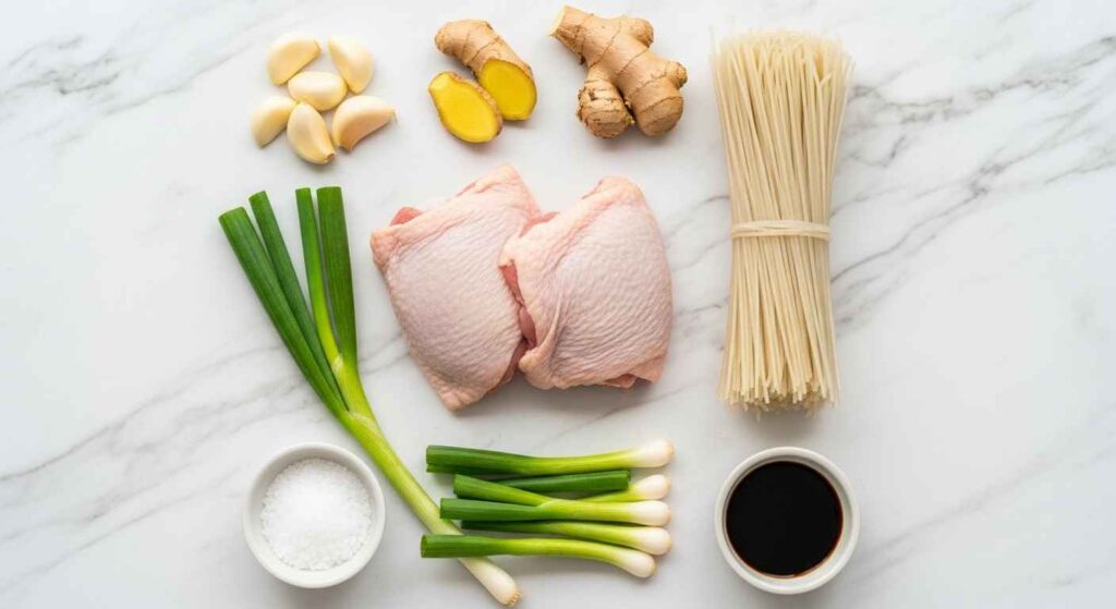 Flat lay of chicken long rice ingredients including raw chicken thighs, cellophane noodles, ginger, and seasonings