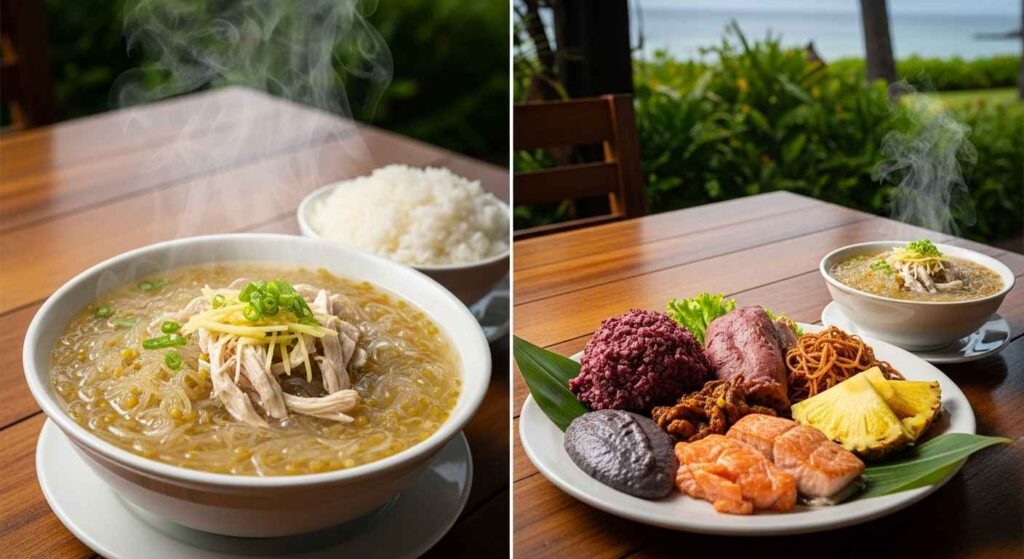 Hawaiian chicken long rice served as main course with rice and as side dish with other Hawaiian foods