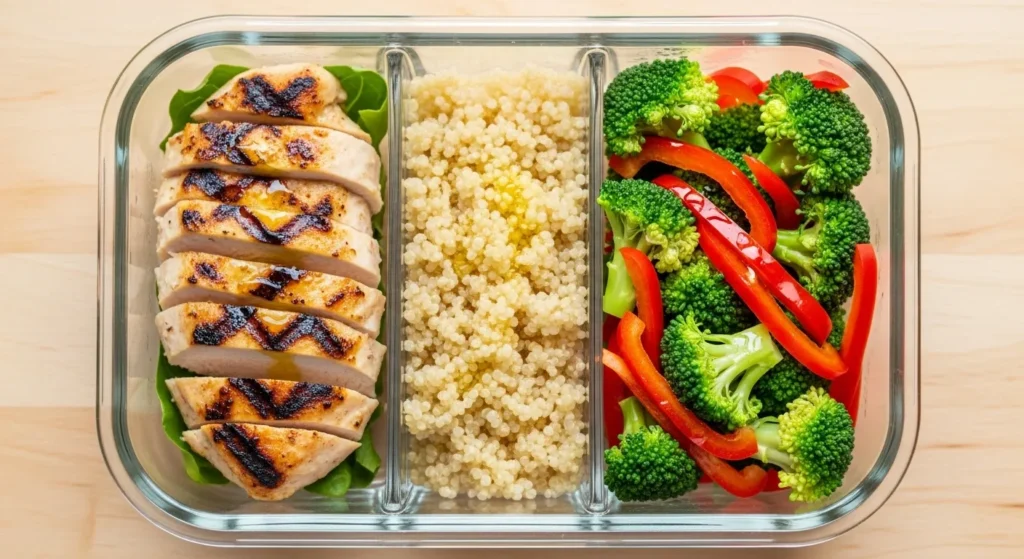 High-protein grilled chicken with quinoa and veggies in a meal prep bowl.