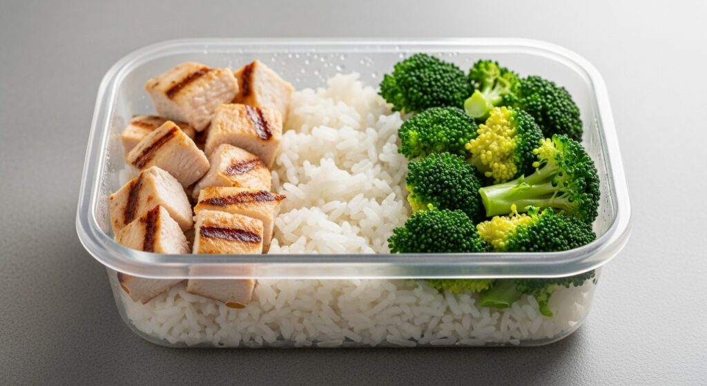Meal prep bowl with chicken, rice, and broccoli.