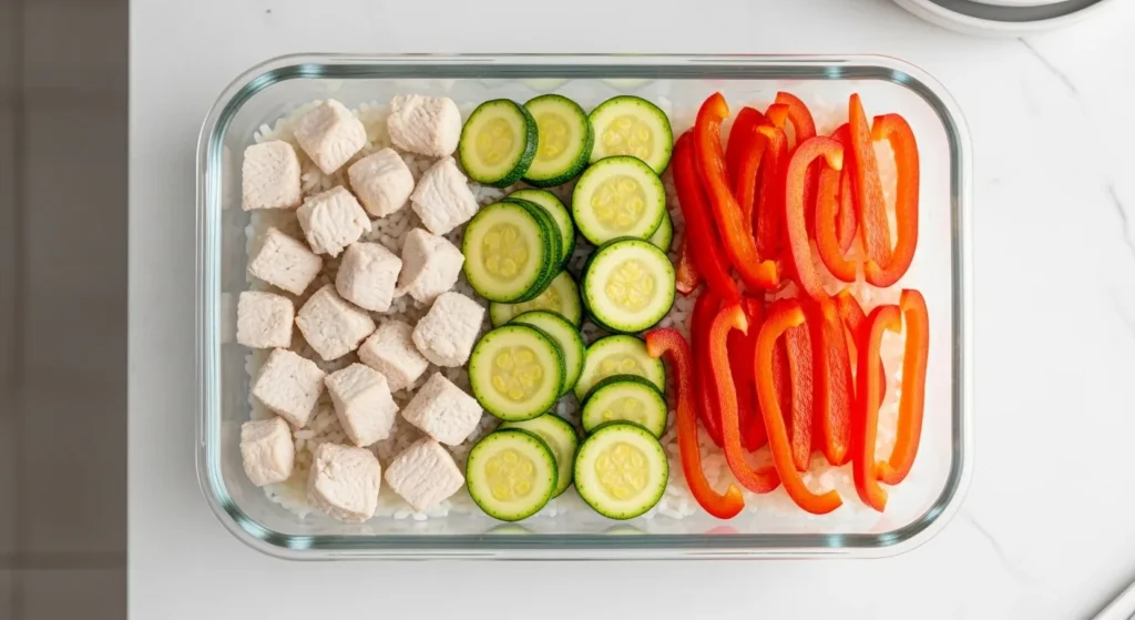 Simple chicken and vegetable rice bowl.
