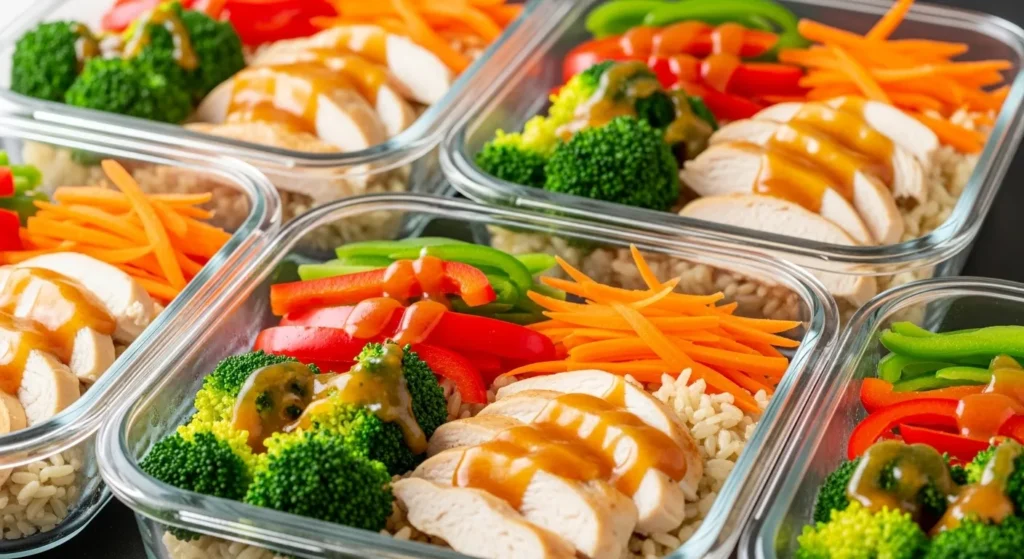 Meal prep chicken stir-fry bowls with broccoli and peppers.
