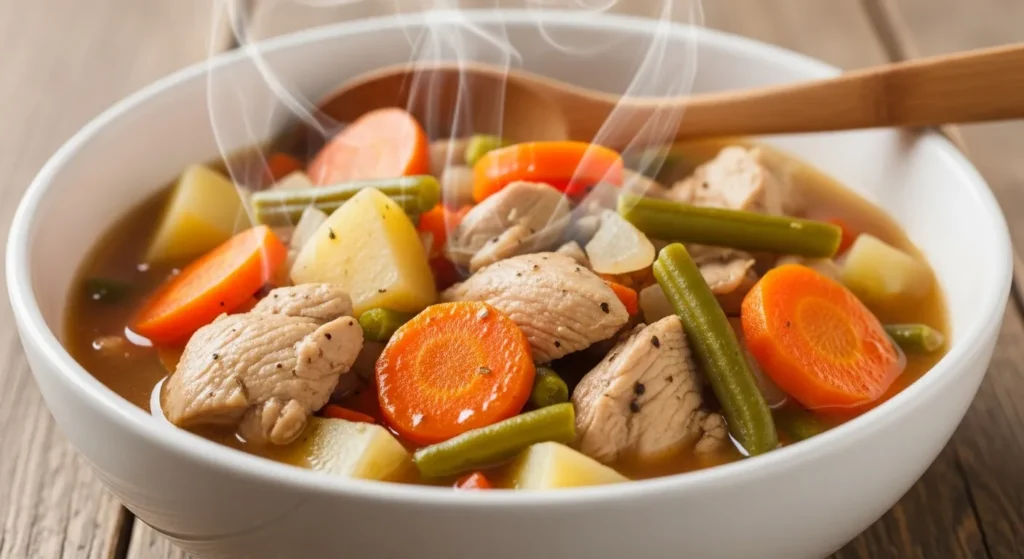 Steaming bowl of chicken stew with carrots and potatoes.
