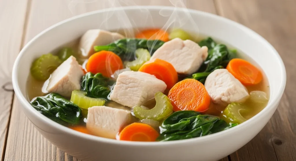 Bowl of healthy chicken vegetable stew with carrots and spinach.