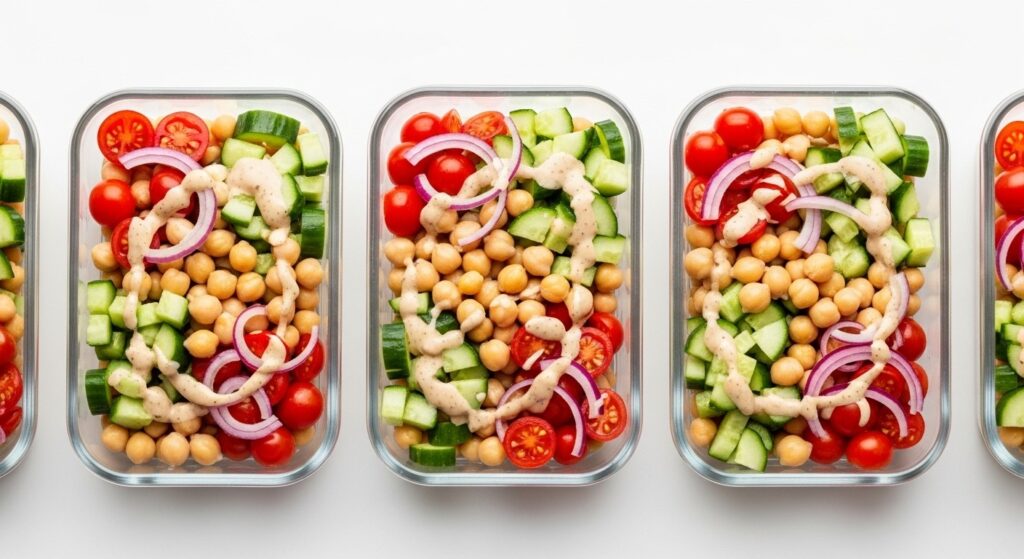 Fresh chickpea salad with veggies in containers.