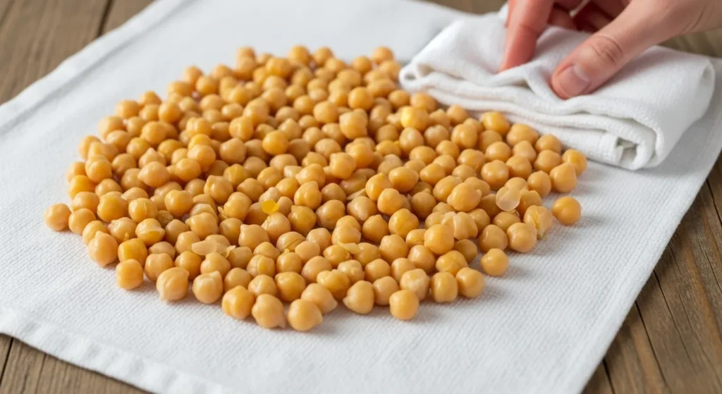 Chickpeas spread on a kitchen towel before roasting.