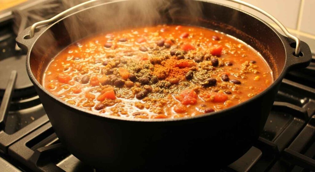 Pot filled with beef and bean chili cooking.