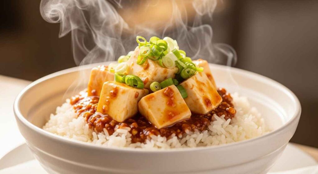 White bowl containing soft tofu in red chili sauce over rice, garnished with green onions