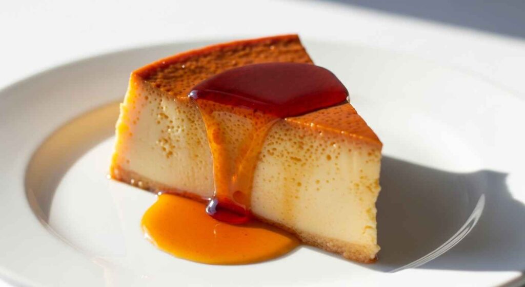 Golden caramel topping on a slice of creamy Puerto Rican flan.
