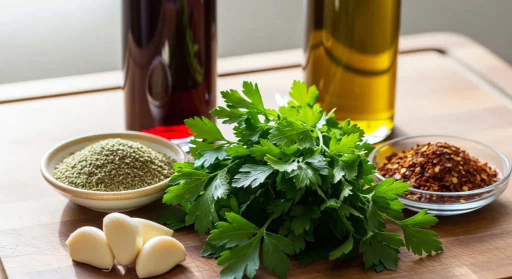 Ingredients for chimichurri sauce laid out on a wooden board.