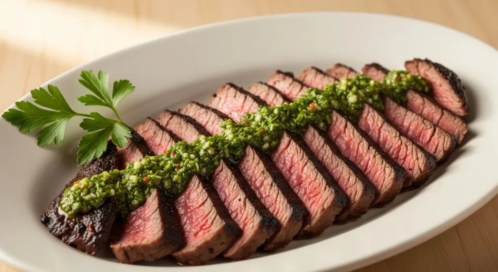 Sliced steak topped with green chimichurri sauce on a plate.