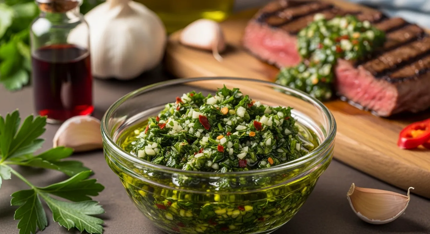 Thumbnail of fresh homemade chimichurri sauce in a bowl with steak.