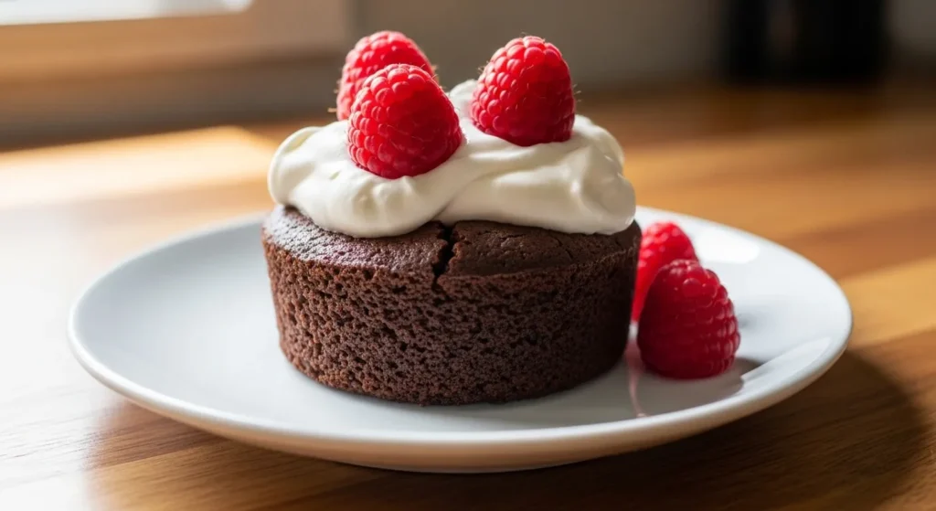 Single-serve flourless chocolate cake with whipped cream and fresh raspberries.