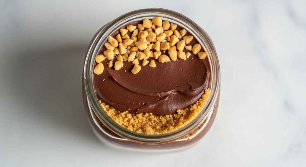 Jar with chocolate-layered no-bake cheesecake and nuts on top.